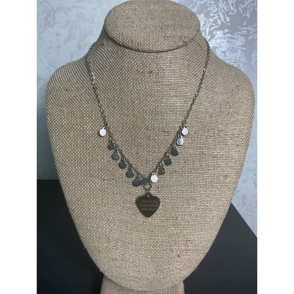 Heart-Shaped Silver Necklace With Inspirational Quote & Disc Charms